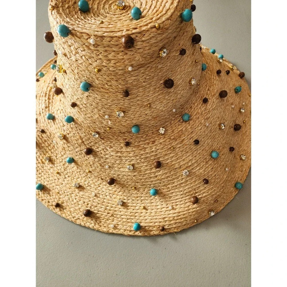 NWD Lele Sadoughi Turquoise Embellished Straw Sun Hat Natural One Size - Picture 9 of 13